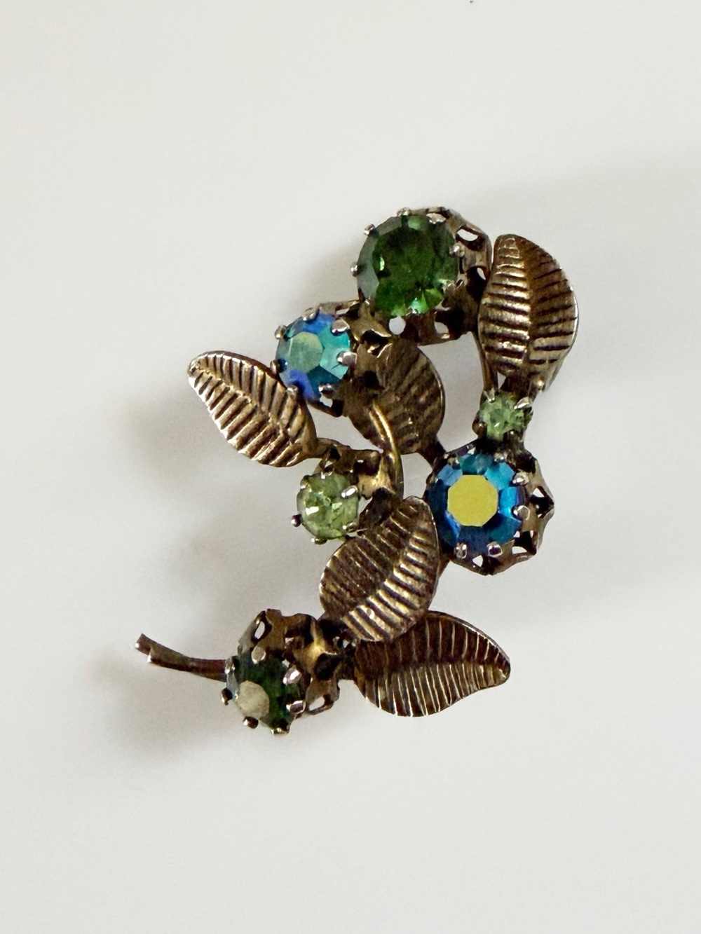 Vintage Made In Austria Green Iridescent Blue Rhinestones Gold Tone Leafs Brooch